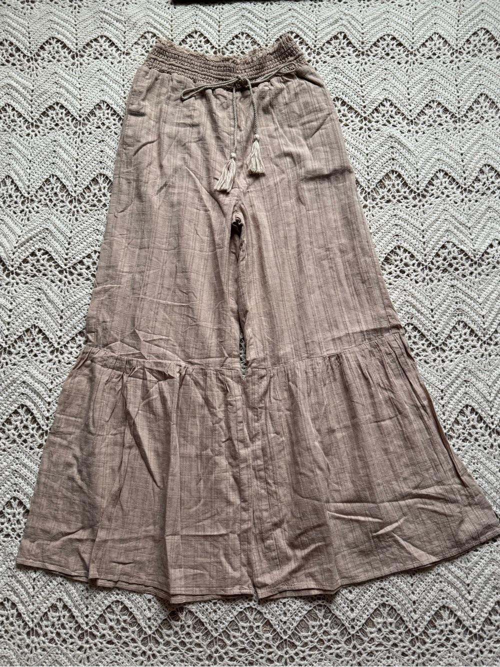 Cotton Taupe Tiered Flowy Oversized Boho Skirt Pants Size Small Raw Hem Pants